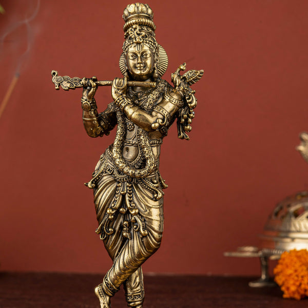 Brass Krishna Idol with Flute & Garland – Intricately Carved Classic Edition