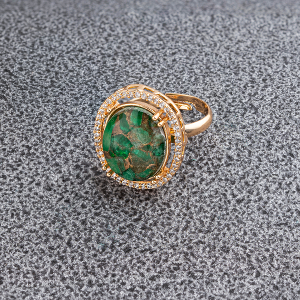 Rajkumari Hemlata; Regal Brass Kundan Ring, vibrant green stone surrounded by clear crystals for special events