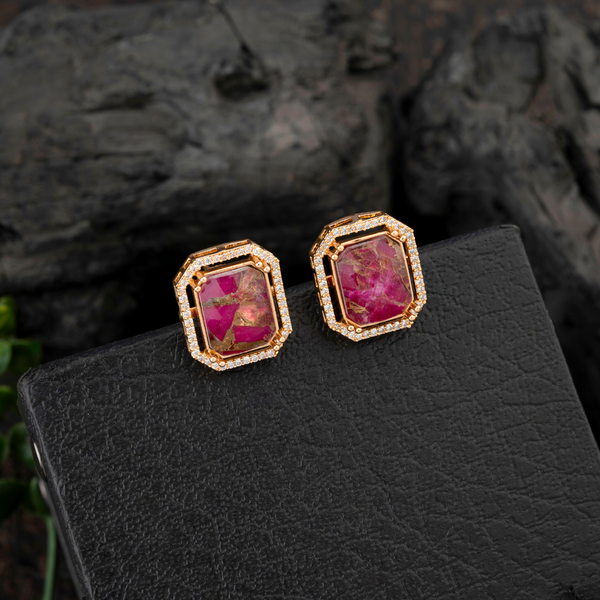Manohari; Brass square shaped Kundan Stud earrings, Pink stone center with delicate Crystal border