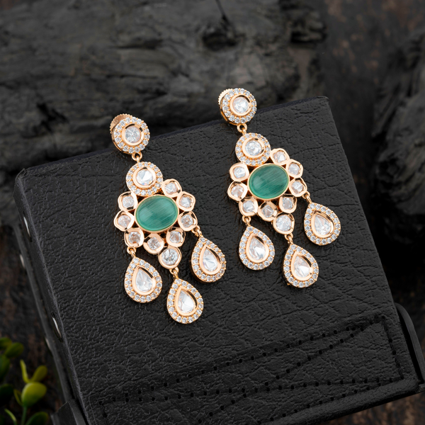 Rani Vasundhara; Brass Kundan earrings with Green Stone and Crystals, symbolic Indian jewellery for prosperity & emotional balance