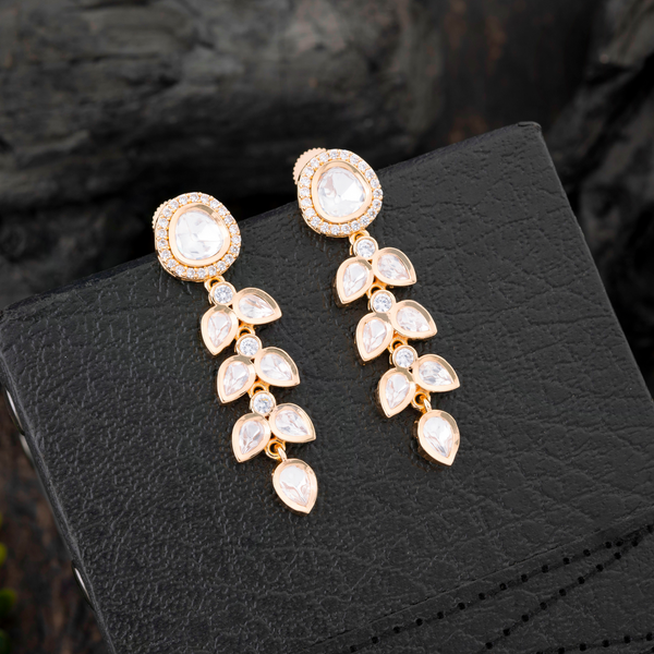Rajeshwari; Brass Necklace with Kundan & Hanging Teardrop earrings, White Crystal Teardrop Motif for everyday & special wear