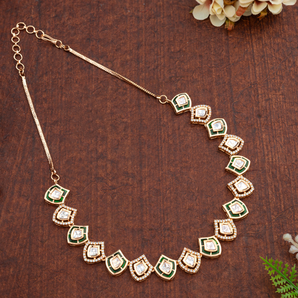 Razia; Mughal-style Brass Kundan necklace, Green Enamel Shield Motif Indian jewellery for weddings