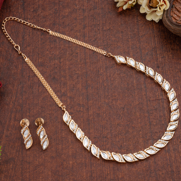 Leelavati; Nature-Inspired Brass Kundan necklace, Leaf design Indian jewellery with hand-set stones