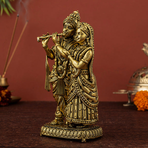 Radha Krishna Brass Idol – Krishna Playing Flute with Floral Detailing (Yellow Brass)