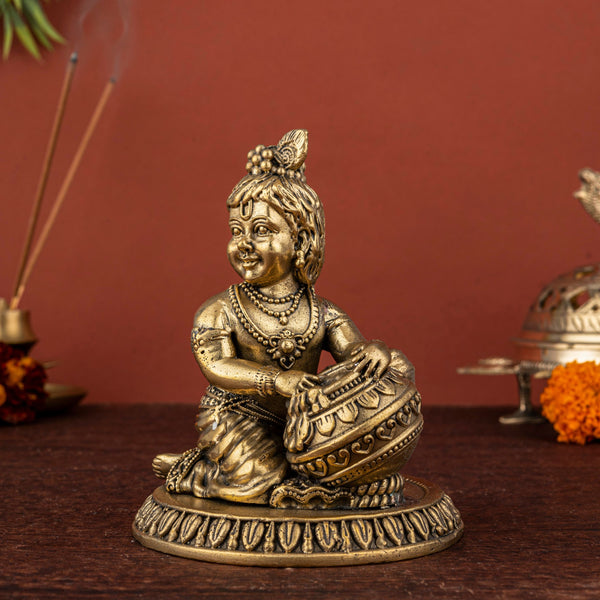 Brass Bal Gopal Idol – Krishna Eating Makhan from Matka