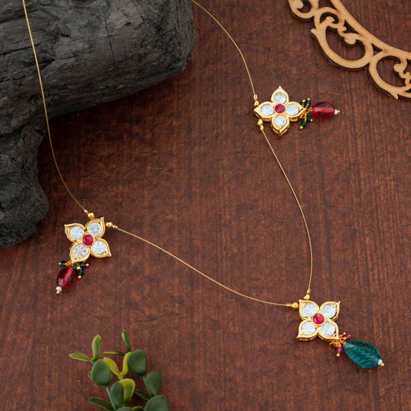 Phoolkumari; Brass Kundan floral necklace, handcrafted pendant with multicolour stones & crystal accents