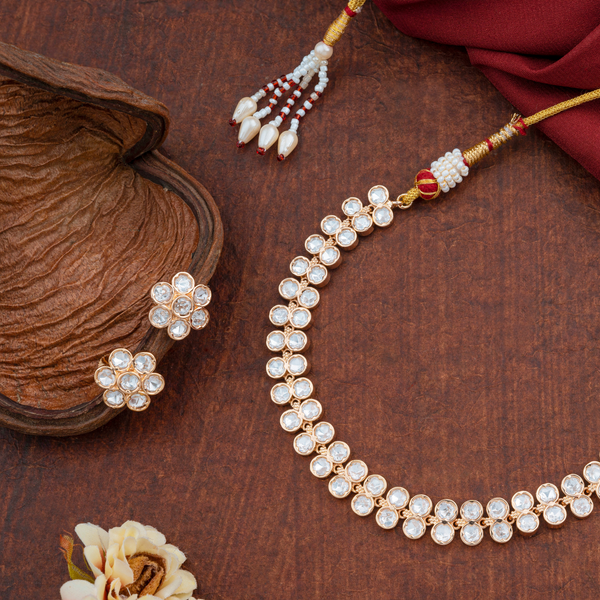 Rajmohini; Brass Dual-Line Kundan choker set with Mughal floral studs