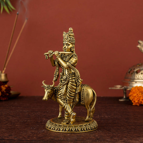 Brass Krishna with Flute and Gau Mata – Divine Protection Idol