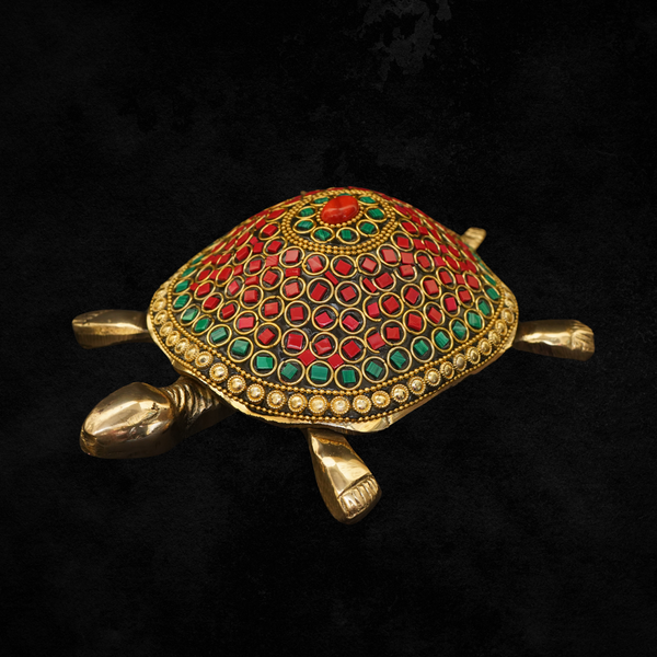 Suraksha Vriddhi Tortoise- Large Brass Feng Shui tortoise idol with red stones for Positivity, Protection & Prosperity