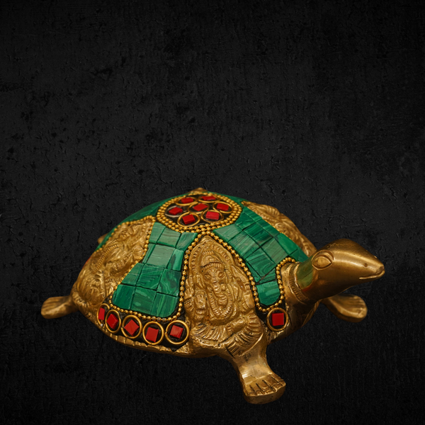 Harit Shakti Kachua – Mid-Size Brass Tortoise Idol with Green Stones for Vastu, Prosperity, and Energy Balance