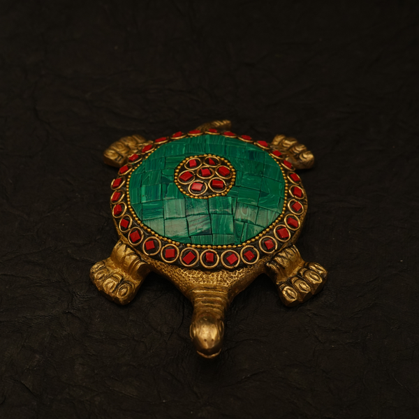 PrakritiSetu Brass Tortoise- Mid-Size Flat Idol with Green Stones