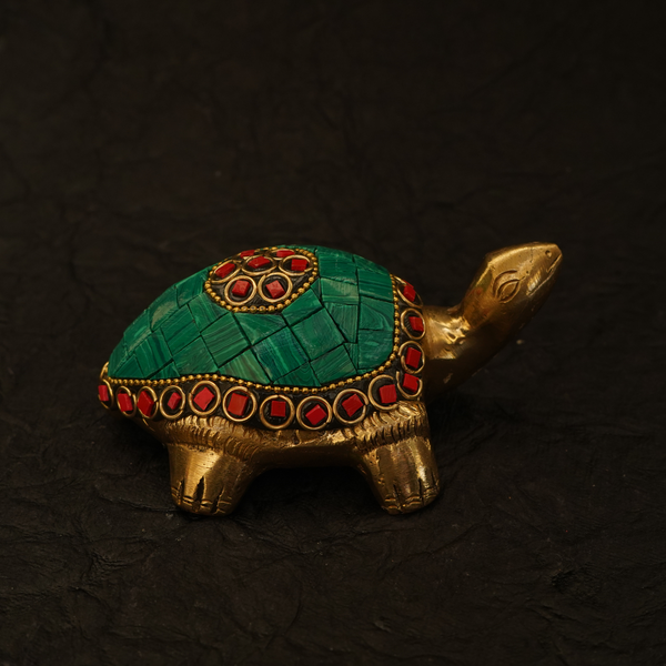 Emerald Rise Brass Tortoise – Mid-Size Vastu Tortoise Idol with Head-Up Design & Green Stones for Protection & Prosperity