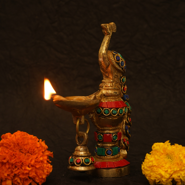 Mayura Deep Brass Diya – Large Peacock-Shaped Traditional Oil Lamp for Pooja & Home Decor